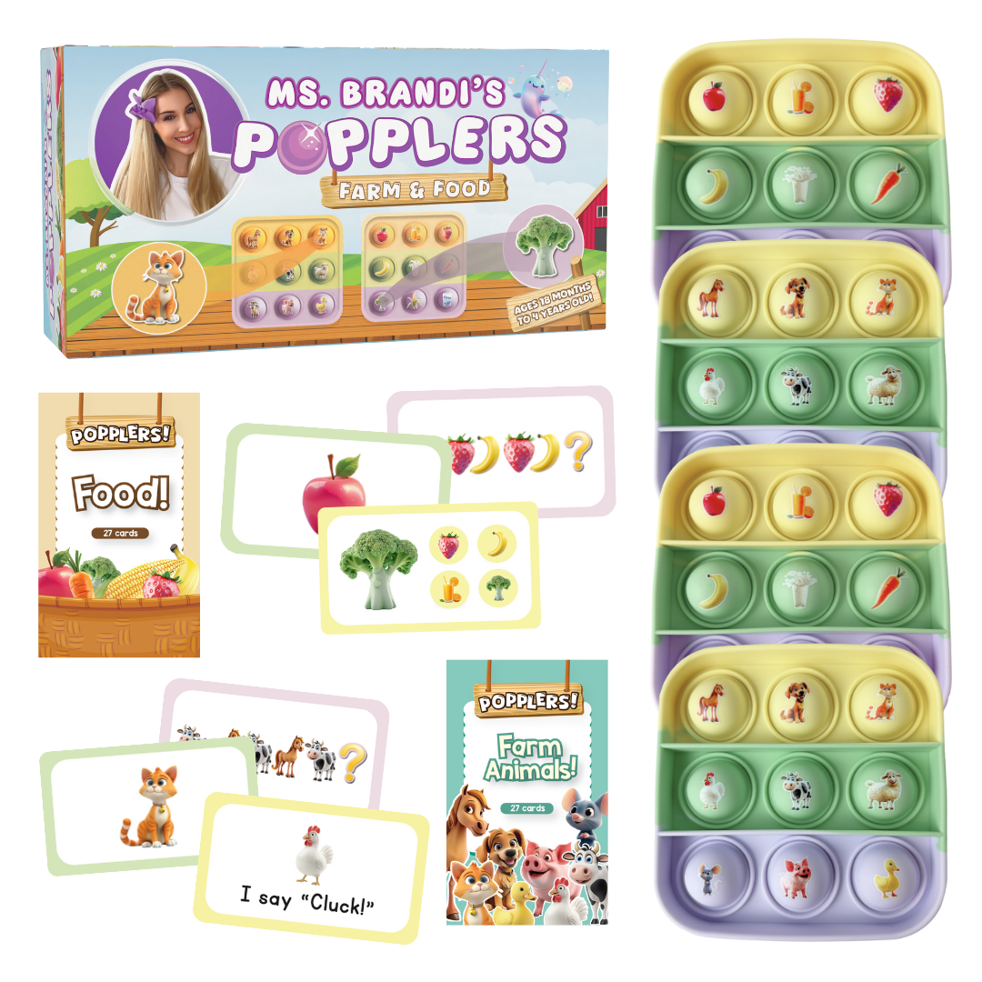 Ms. Brandi's Popplers educational toy set with packaging and cards on a white background