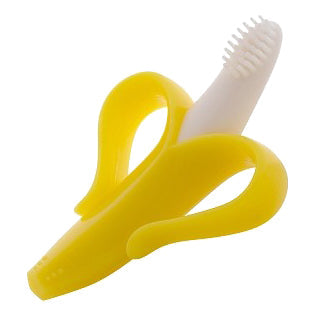 Yellow banana-shaped toothbrush with a white handle on a white background