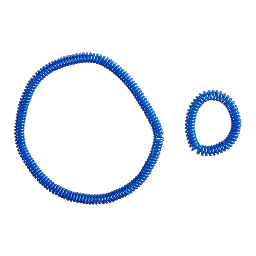 Two blue spiral hair ties on a white background
