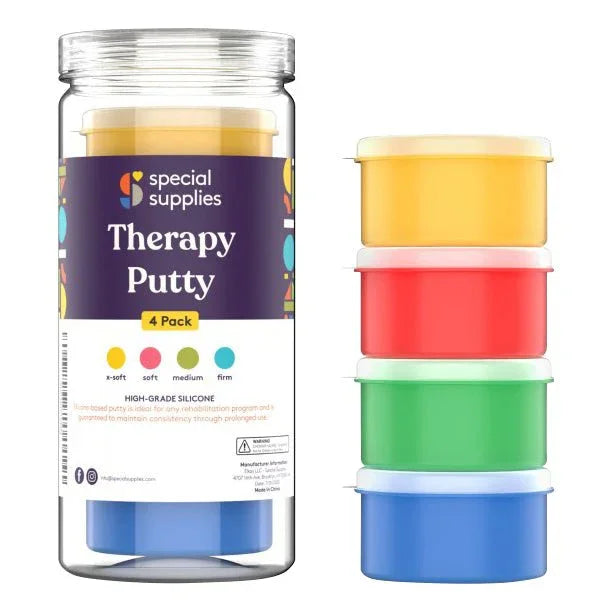 Therapy putty 4 pack in yellow, red, green, and blue containers for sensory support