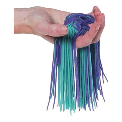 Hand holding a stretchy purple and teal sensory fidget toy with long rubber strands