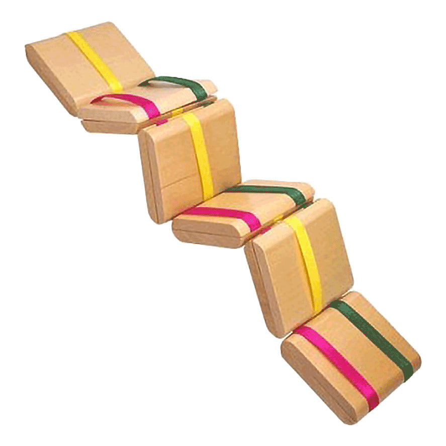 Wooden toy with colorful straps on a white background