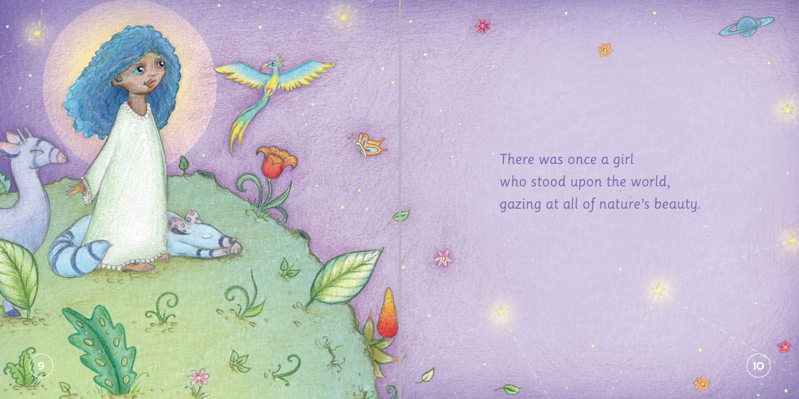 Illustrated book page with a girl, unicorn, and dragon on a purple background