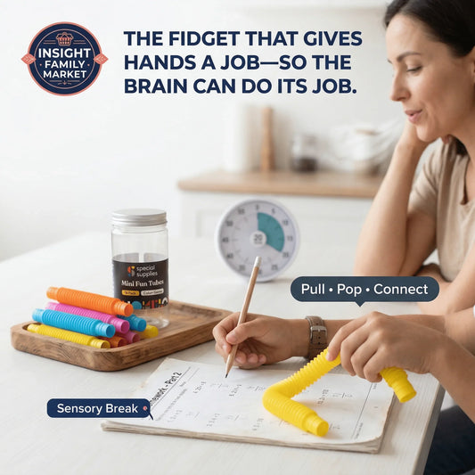 Woman uses yellow sensory fidget tube at desk with math worksheet and colorful mini fun tubes.