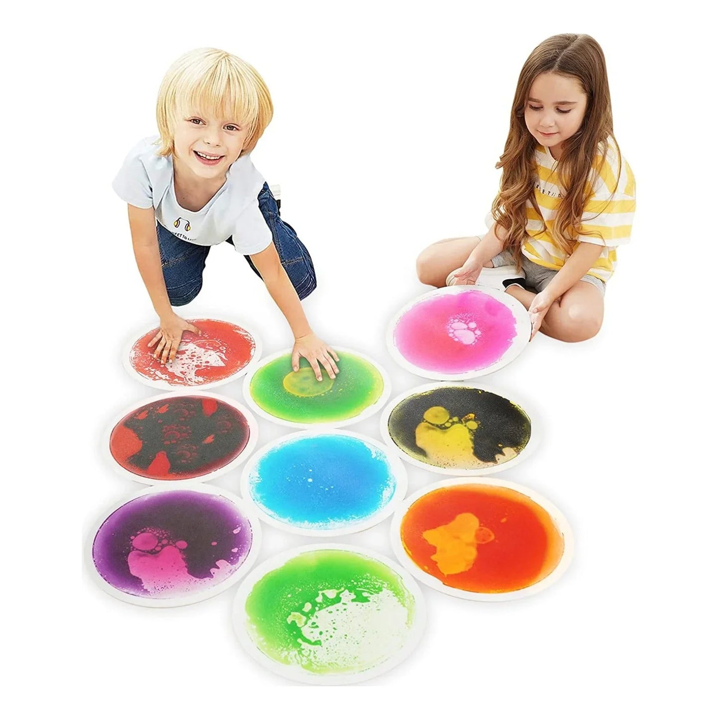 Children playing with colorful sensory liquid floor tiles, sensory play for kids
