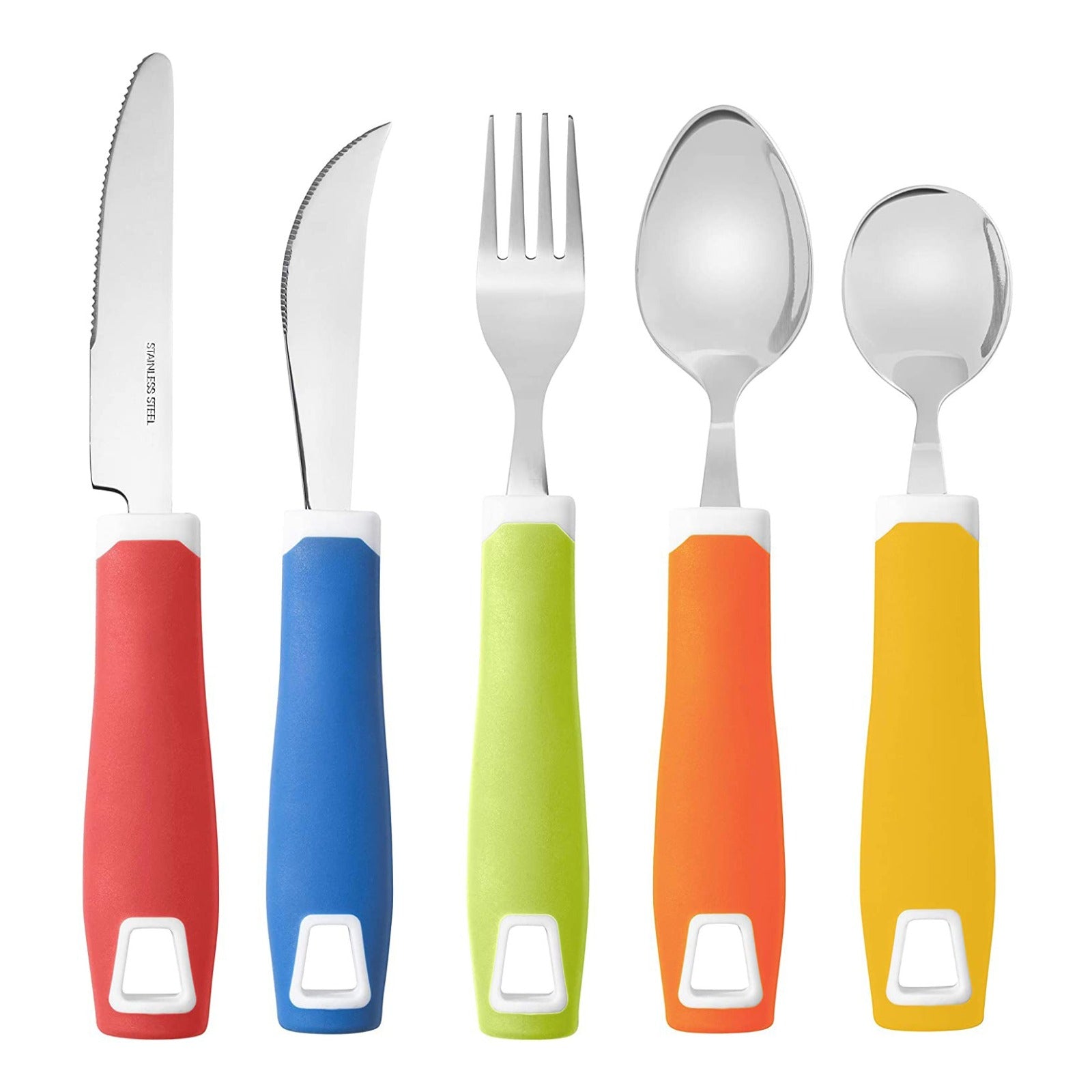 Set of 5 Colored Adaptive Utensils - Stainless Steel Knife, Rocker Knife, Fork, Soup Spoon, Dinner Spoon - Insight Family Market