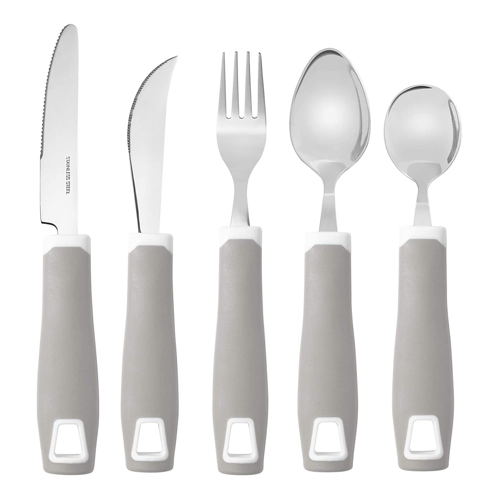 Set of 5 Gray Adaptive Utensils - Stainless Steel Knife, Rocker Knife, Fork, Soup Spoon, Dinner Spoon - Insight Family Market