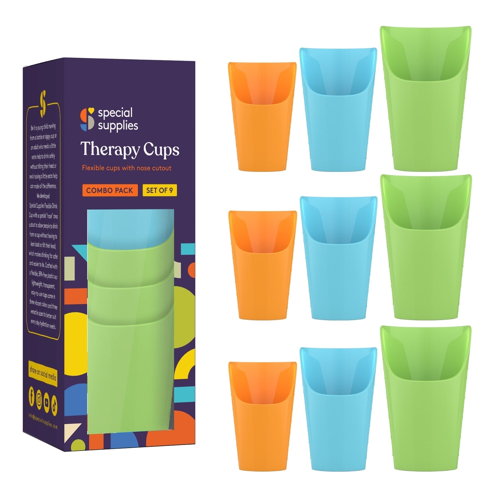 Set of colorful therapy cups with packaging on a white background