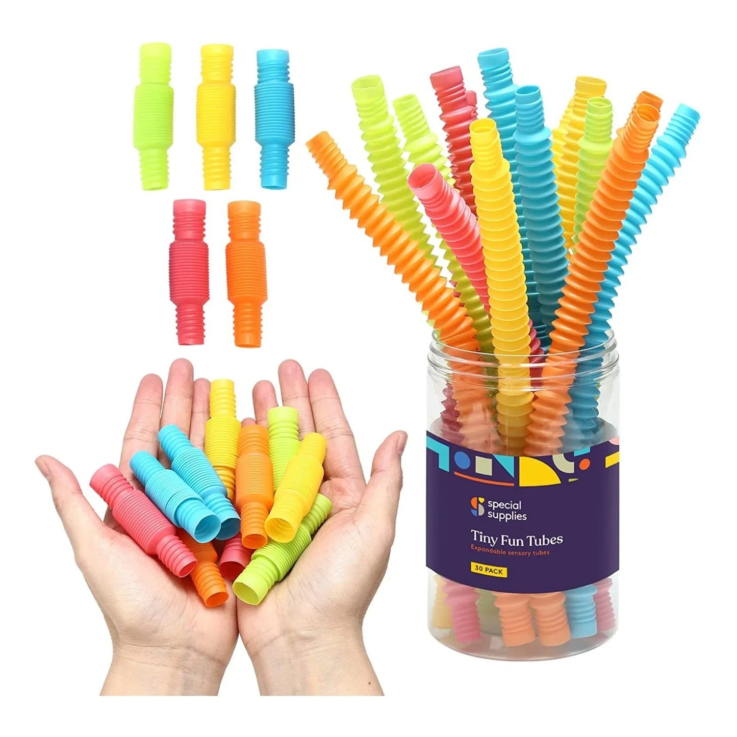 Colorful sensory fidget tubes for kids, displayed in hands and a clear jar, ideal for focus and play