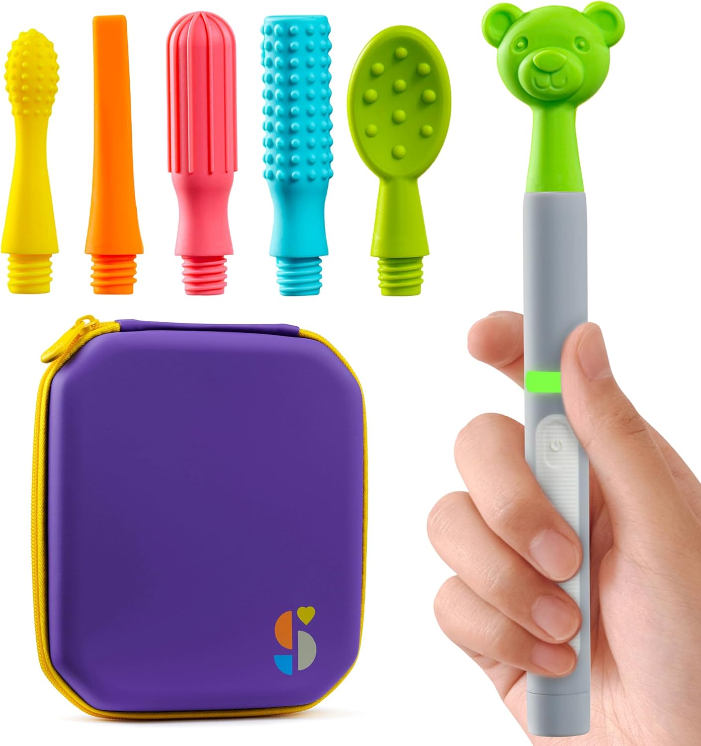Colorful children's toothbrushes with a bear head, case, and hand holding one of them.