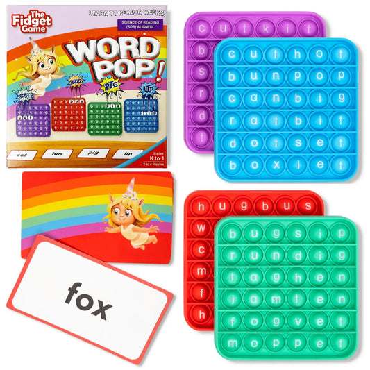 Word Pop literacy game with colorful pop boards and sight word flash cards for kids.