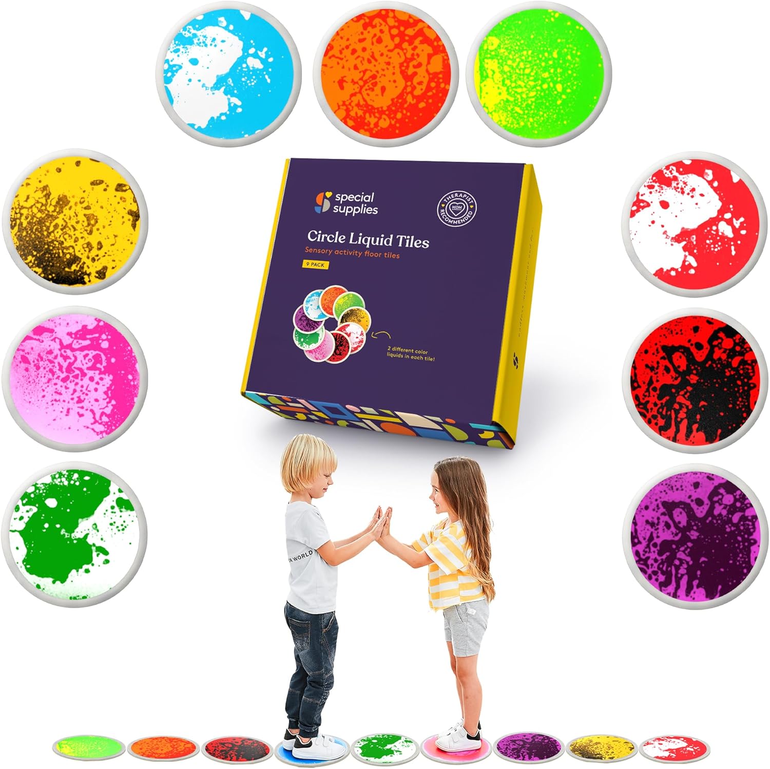 Box of Circle Liquid Tiles with colorful liquid tile samples and two children playing.