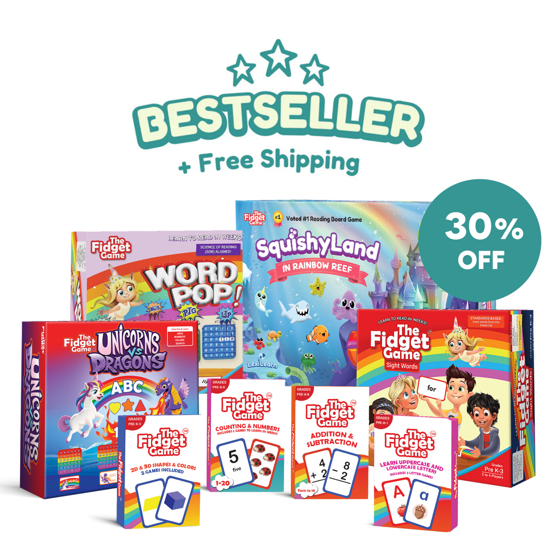 Collection of colorful children's games with promotional text on a white background