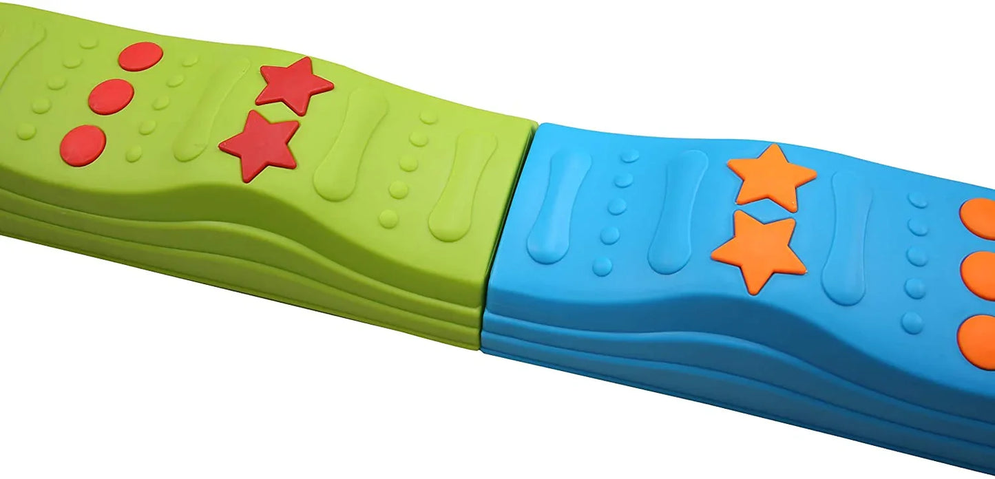 Colorful sensory balance beam with textured shapes for kids, green and blue sections