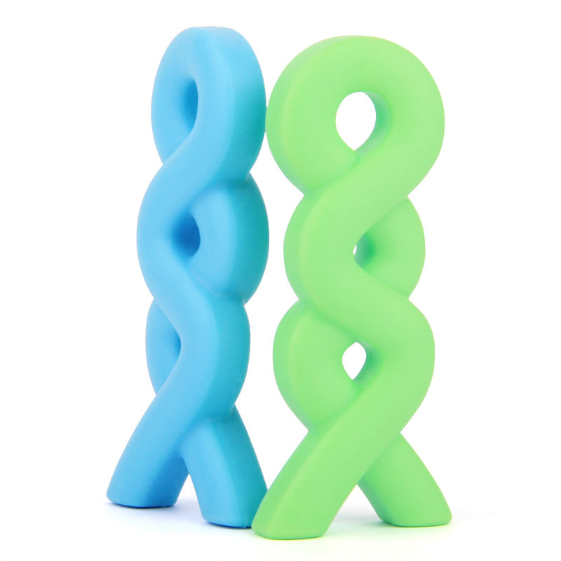 Blue and green twisted silicone dog toy on a white background