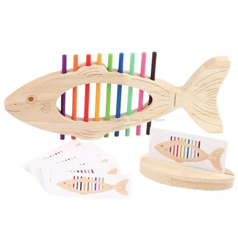 Wooden fish-shaped toy with colorful sticks inside, on a white background