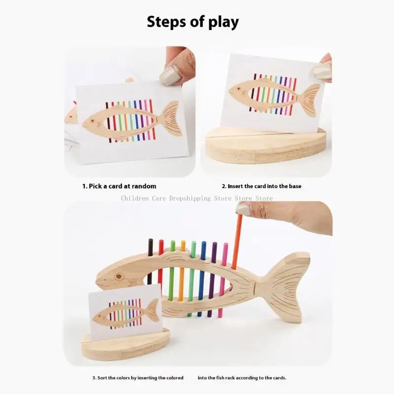 Wooden toy with fish design and colorful stripes, showing steps of play on a white background.