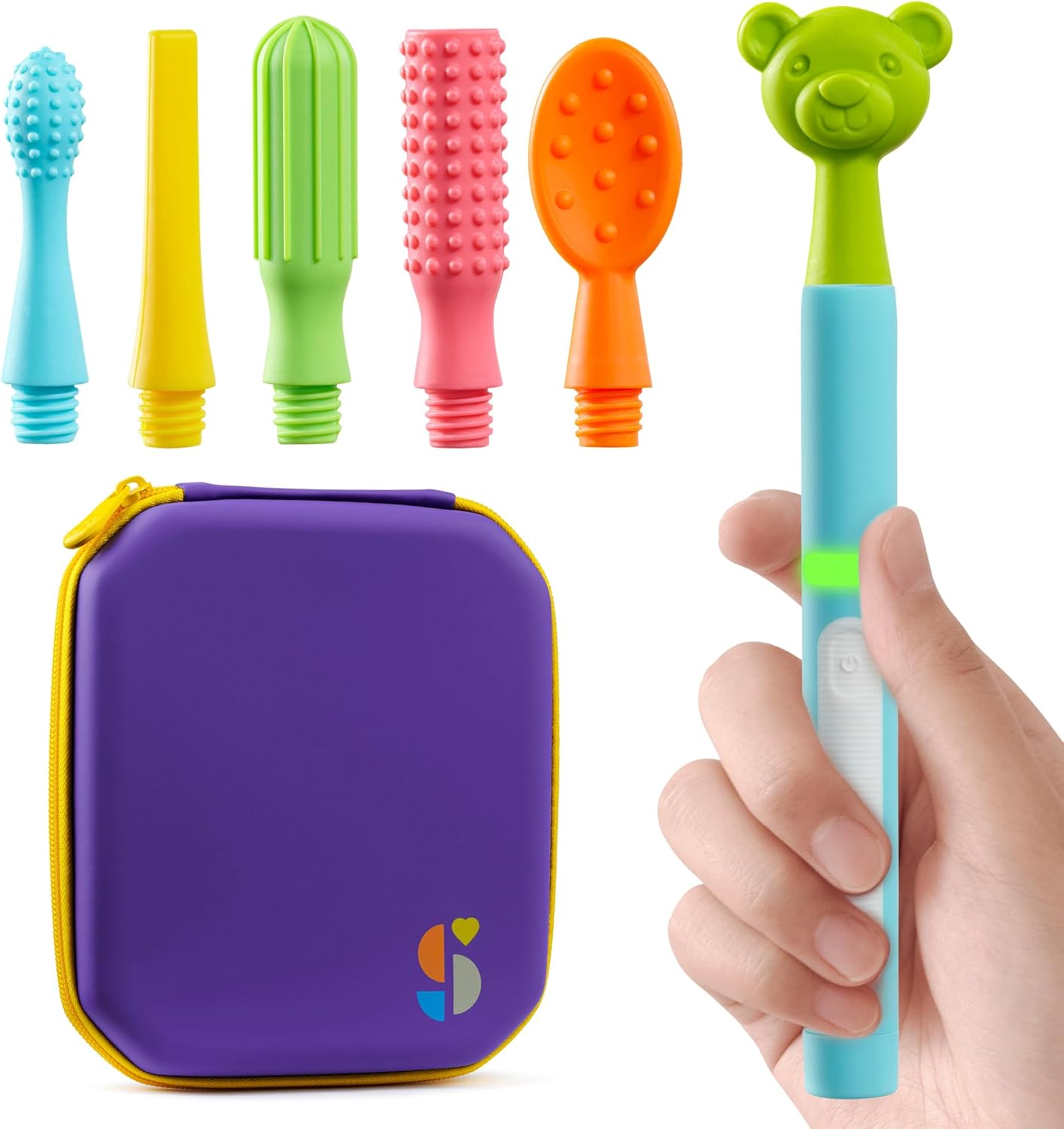 Colorful children's toothbrush set with a purple case and a hand holding a blue toothbrush.