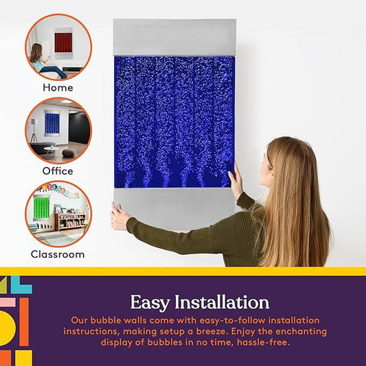 Woman installing a sensory bubble wall panel in a home, with installation guide and usage for classrooms, offices, and sensory-friendly spaces.