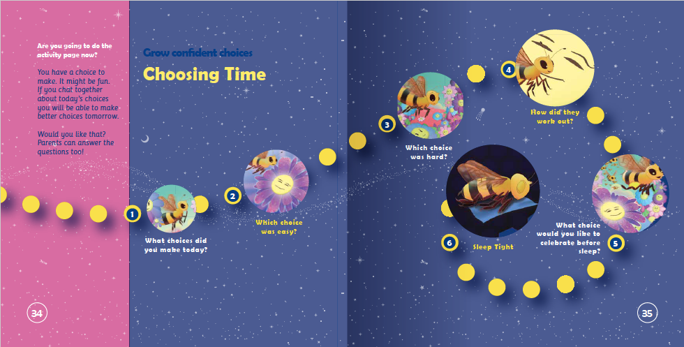 Educational children's book page about choosing time with animal illustrations on a blue and pink background.
