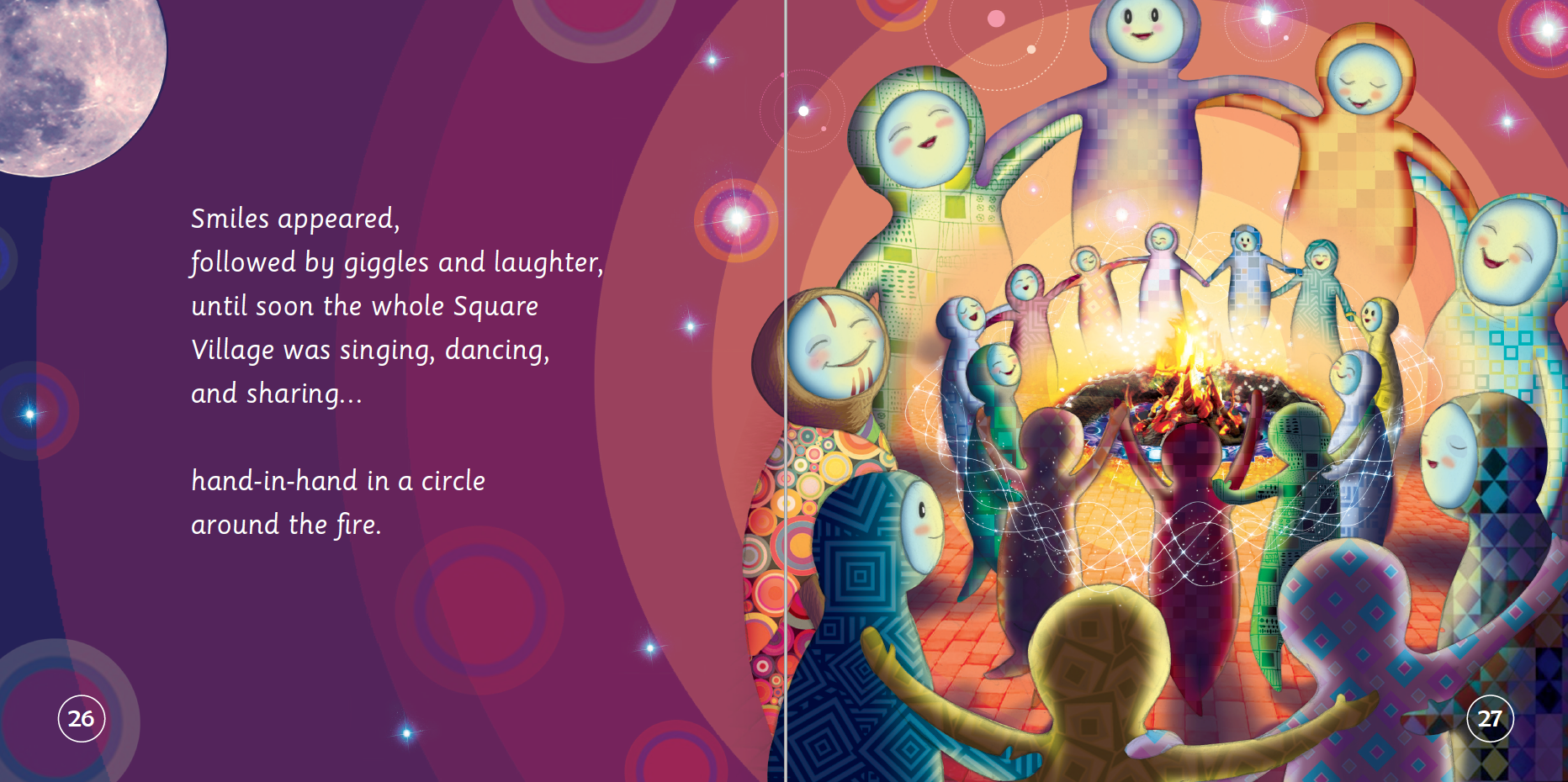 Illustration of a group of colorful characters around a fire with text on a purple background
