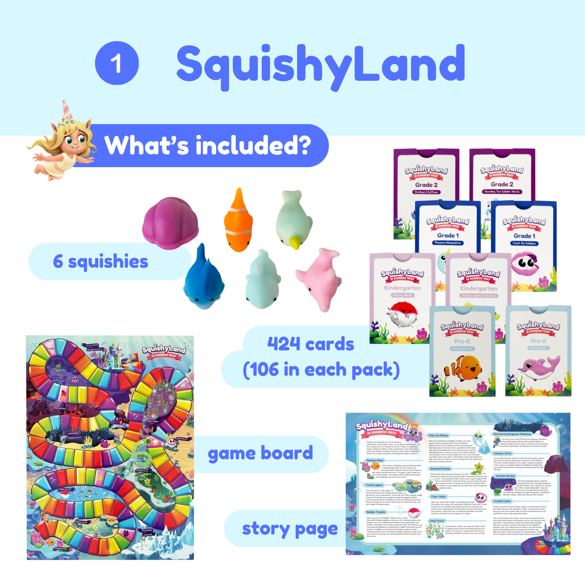 SquishyLand product set with squishies, cards, game board, and story page on a light blue background.