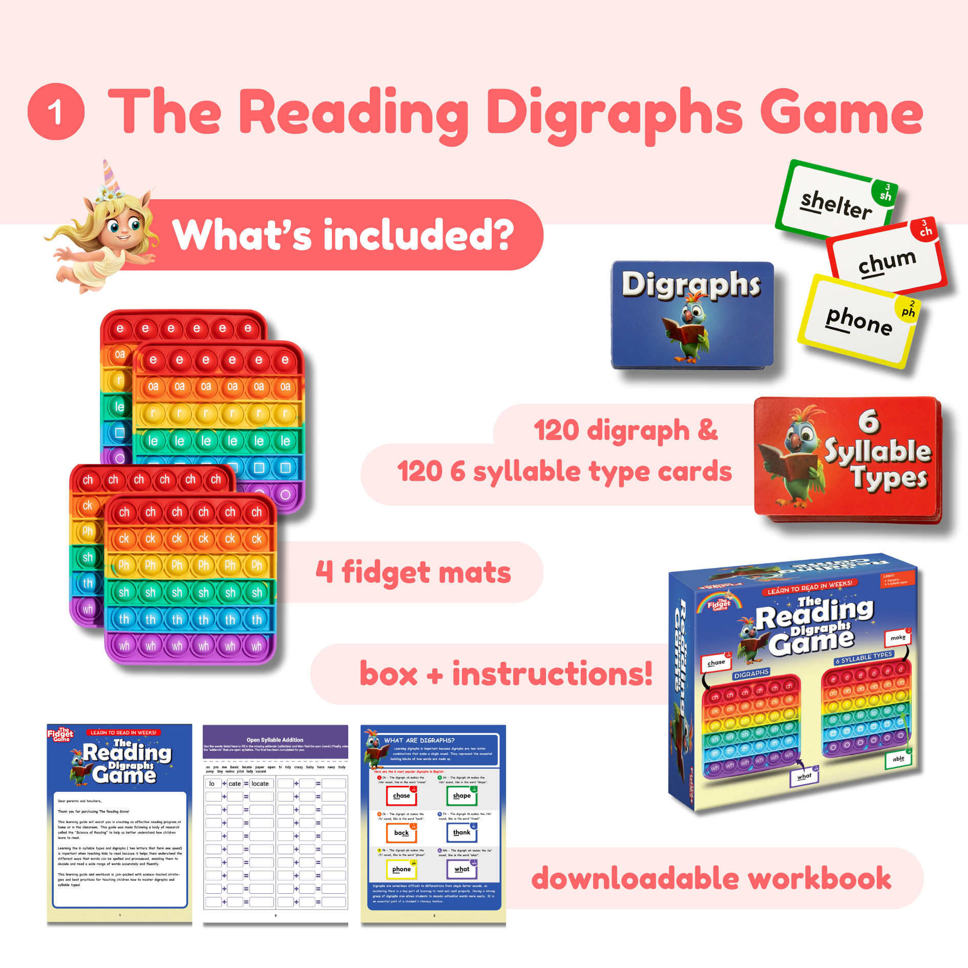 Educational game set for learning digraphs with colorful components and text on a pink background.