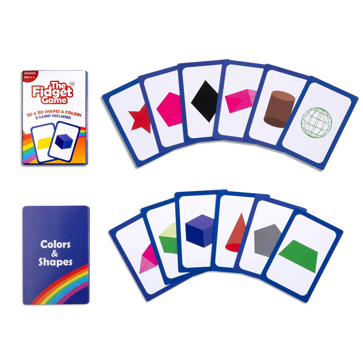 Educational card game for kids teaching 2D and 3D shapes and colors, game cards displayed.