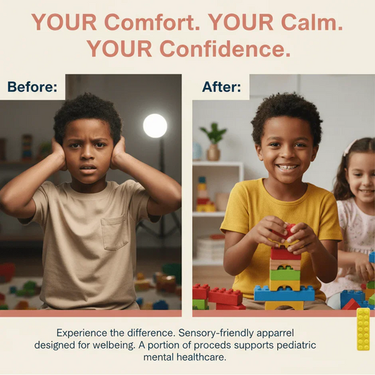 Before and after of a child wearing sensory-friendly apparel, showing improved comfort and calm while playing with building blocks.