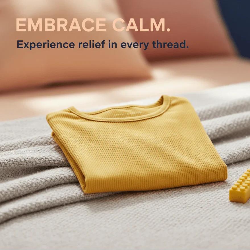 Folded yellow sensory-friendly shirt on a soft blanket, cozy bedding in background.