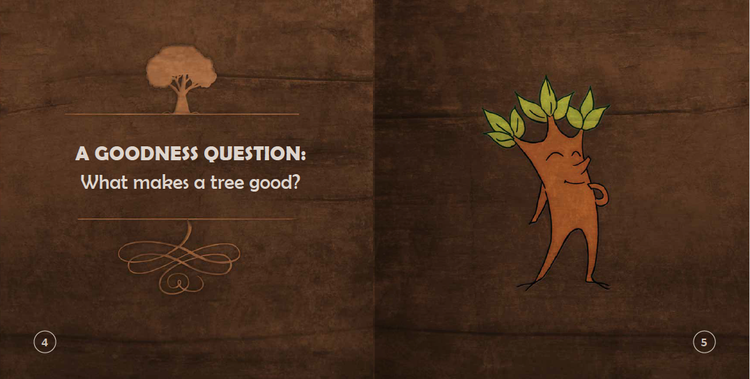 Animated tree character with a question about goodness on a wooden background