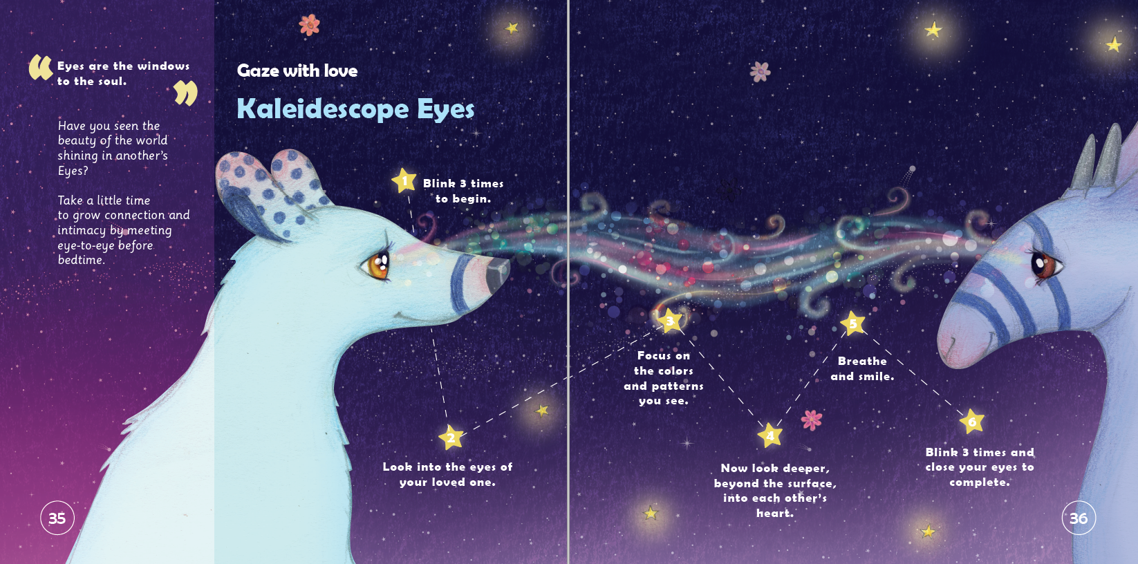 Illustration of a horse with star patterns and text on a purple and blue gradient background