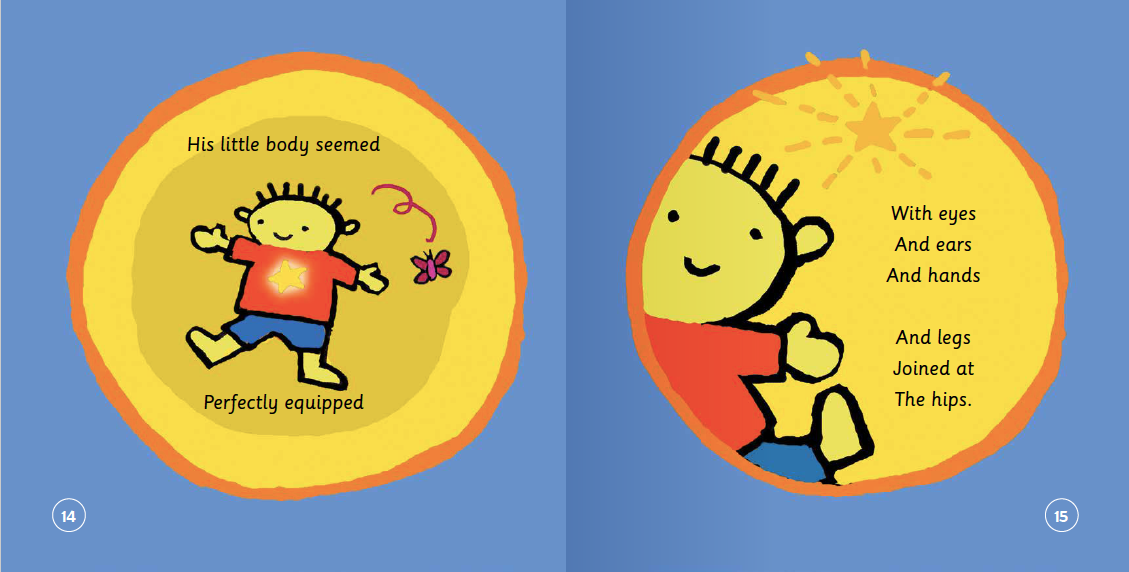 Illustrations of a child and a baby on yellow circles with text against a blue background