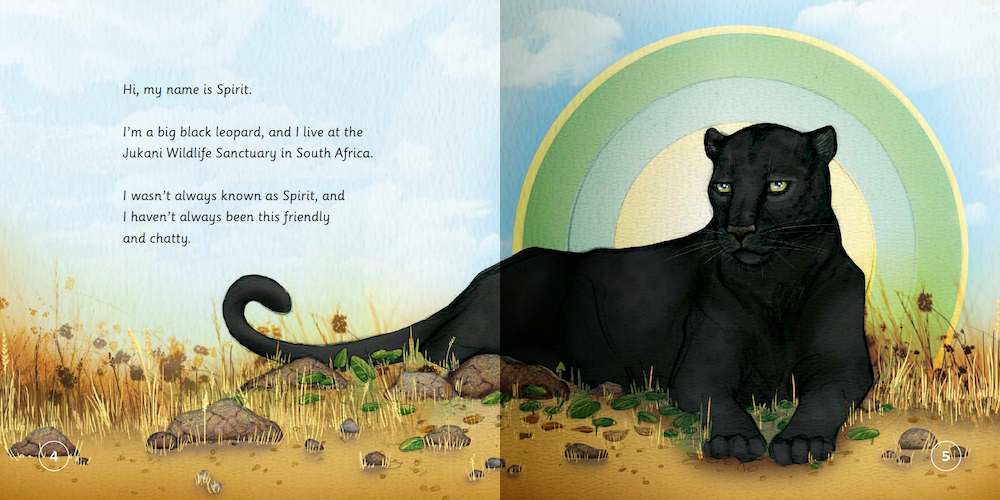 Black leopard illustration with text on a natural background