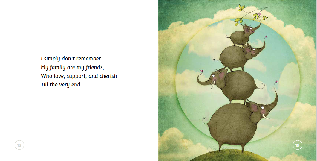 Illustration of stacked elephants with a quote about family on a green background