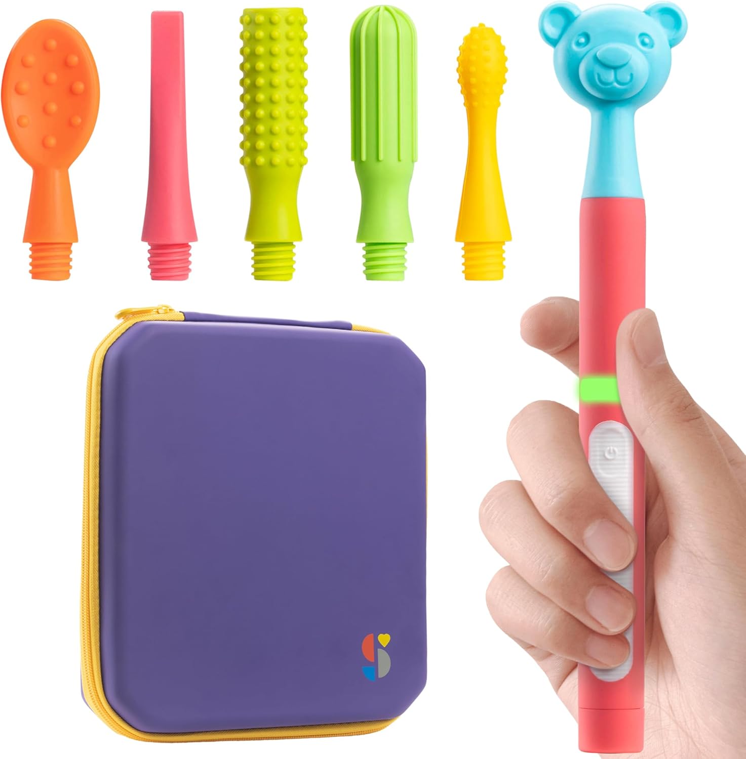 Colorful children's toothbrush set with a purple case and various brush heads.