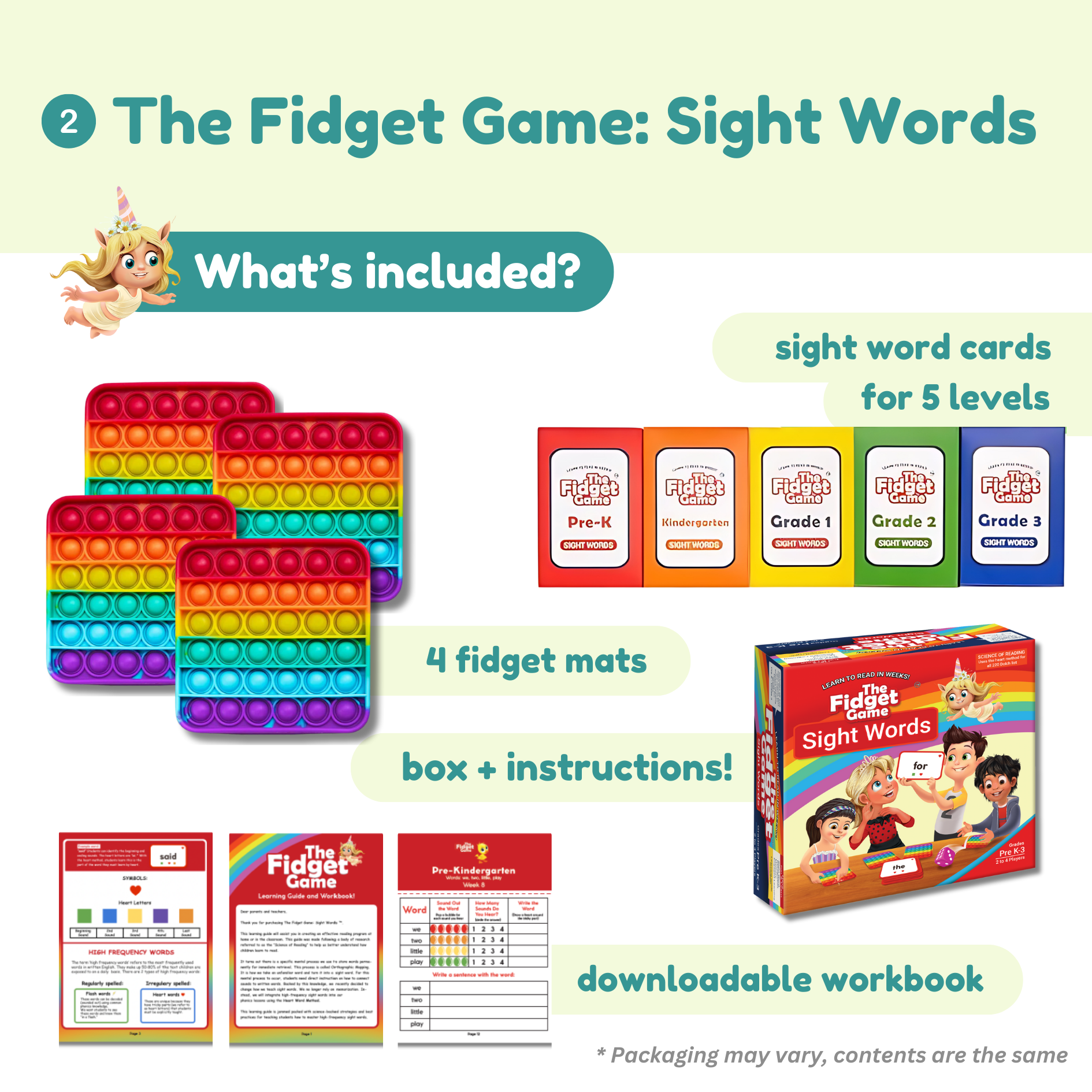 Fidget game set with sight word cards, fidget mats, and workbook on a green background