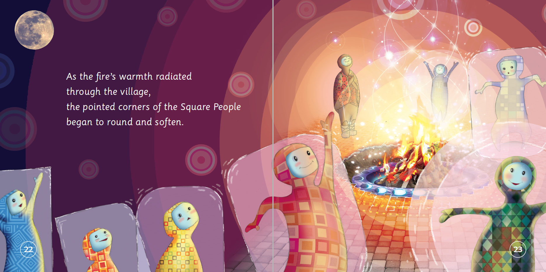Illustration of Square People around a fire with a mystical background