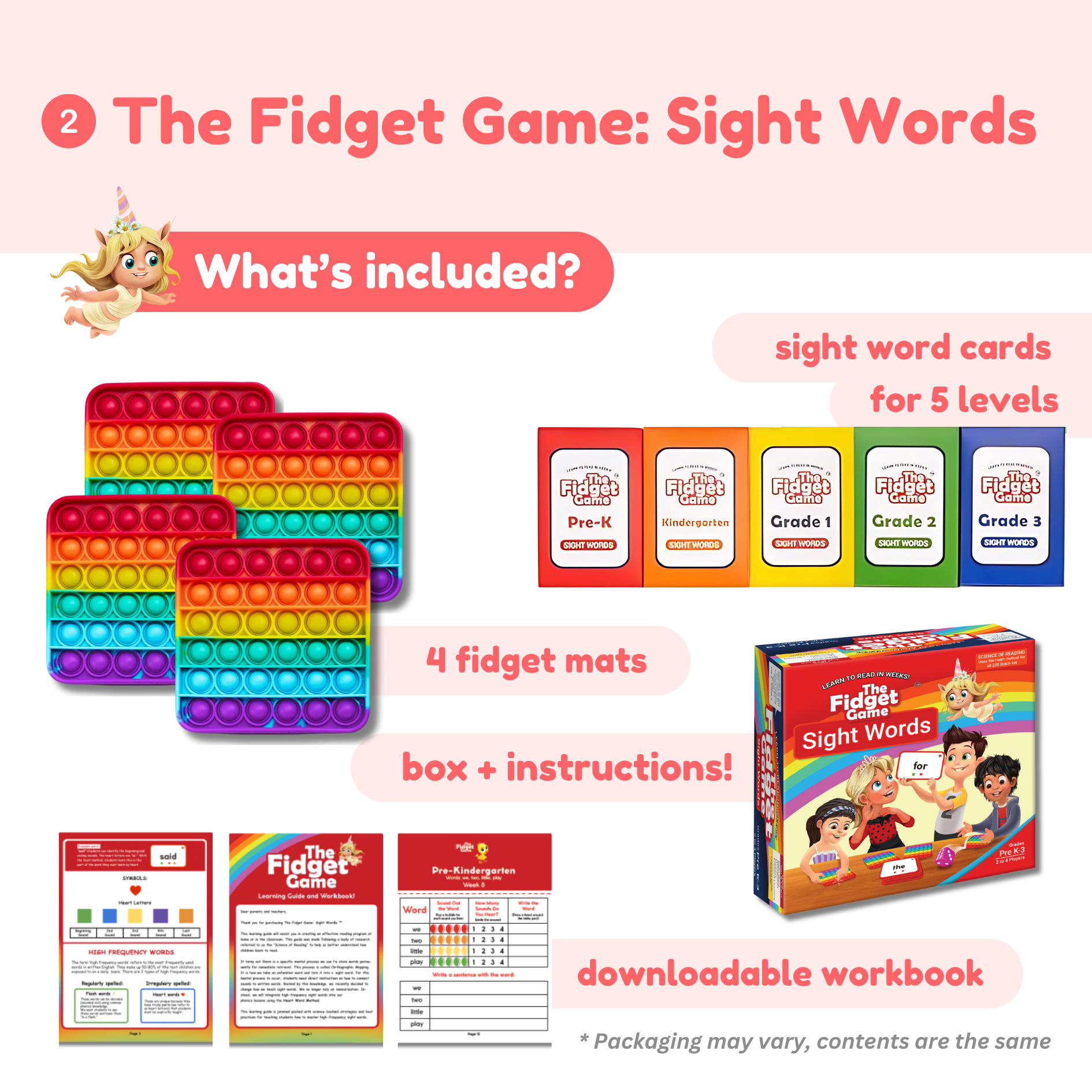 Fidget game set with sight word cards, fidget mats, and workbook on a colorful background