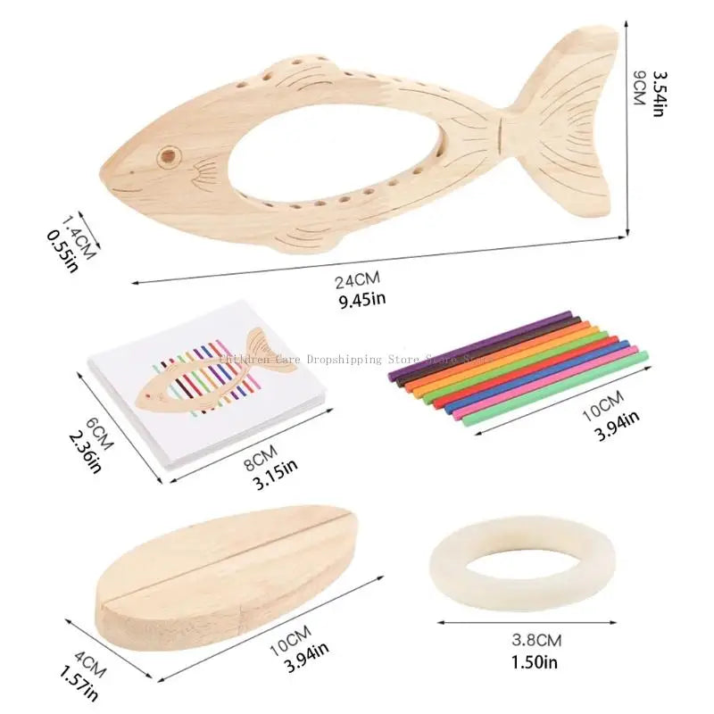 Wooden fish-shaped craft kit with dimensions and additional items on a white background