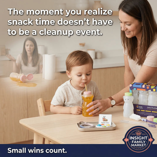Mother and child enjoying sensory-friendly spill-proof drink bottles at snack time