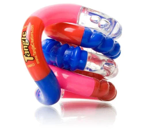 Colorful fidget toy with red, blue, and clear segments for sensory support