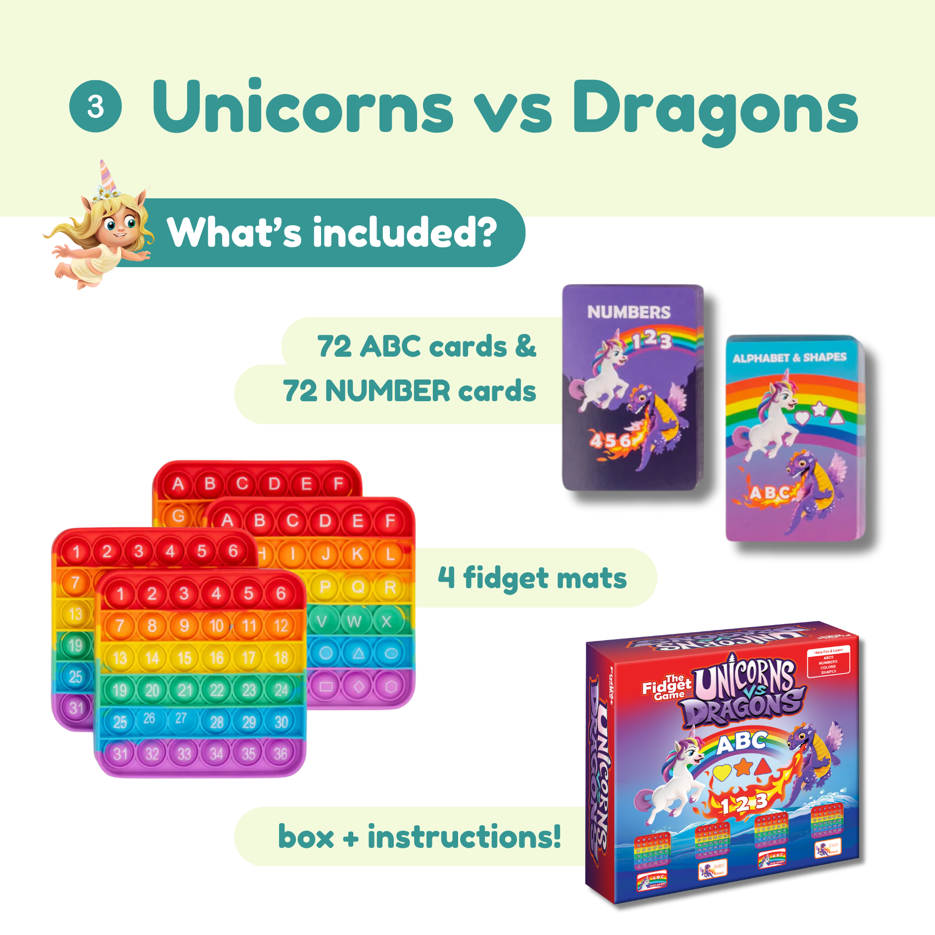 Educational product packaging with ABC cards, number cards, fidget mats, and a box with 'Unicorns vs Dragons' theme.