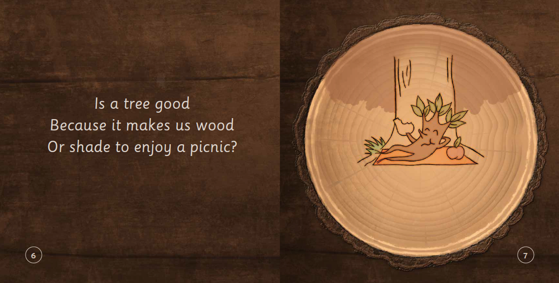 Wooden disc with tree cutout and text on a brown background