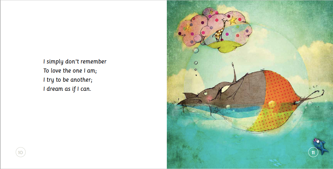 Illustration of a cat with colorful balloons and a quote on a blue background