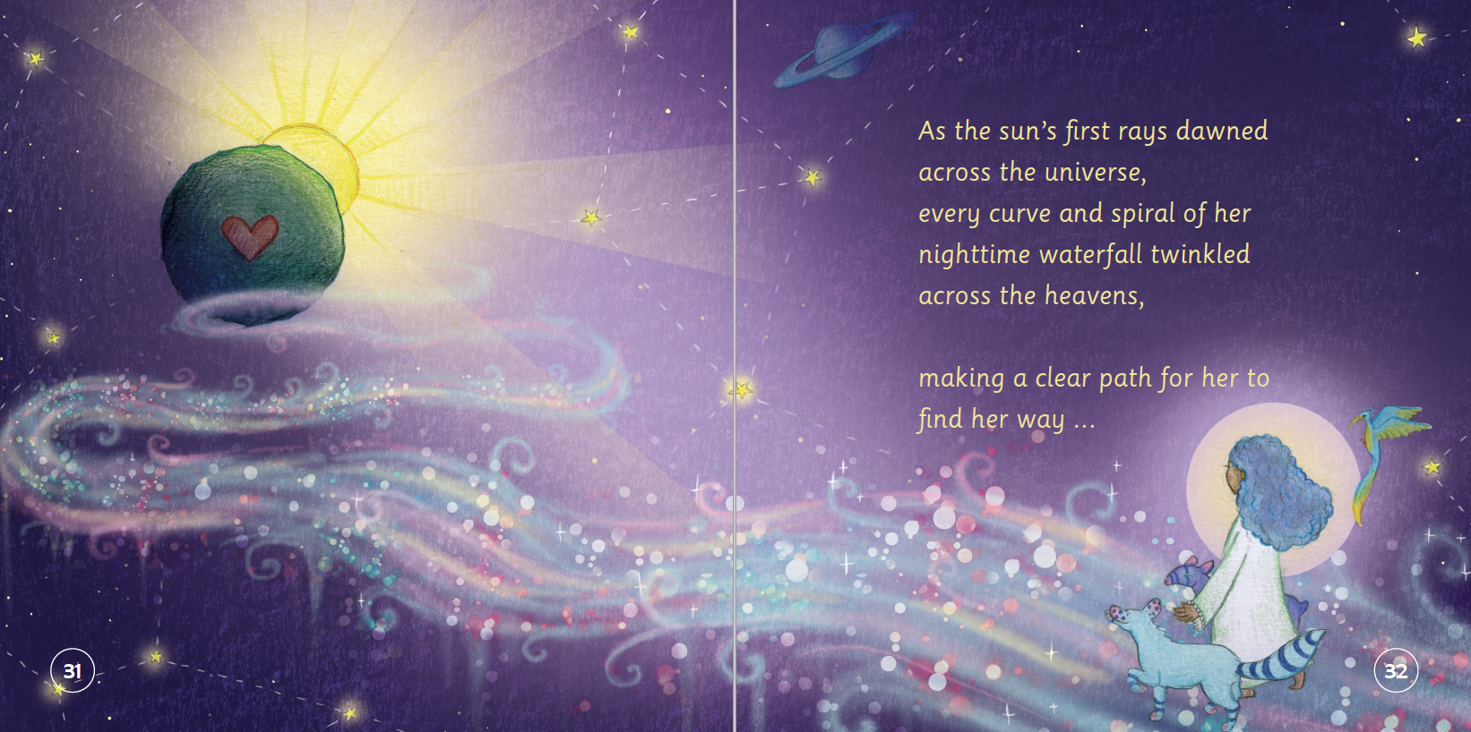 Illustrated book page with a celestial scene and text on a purple background
