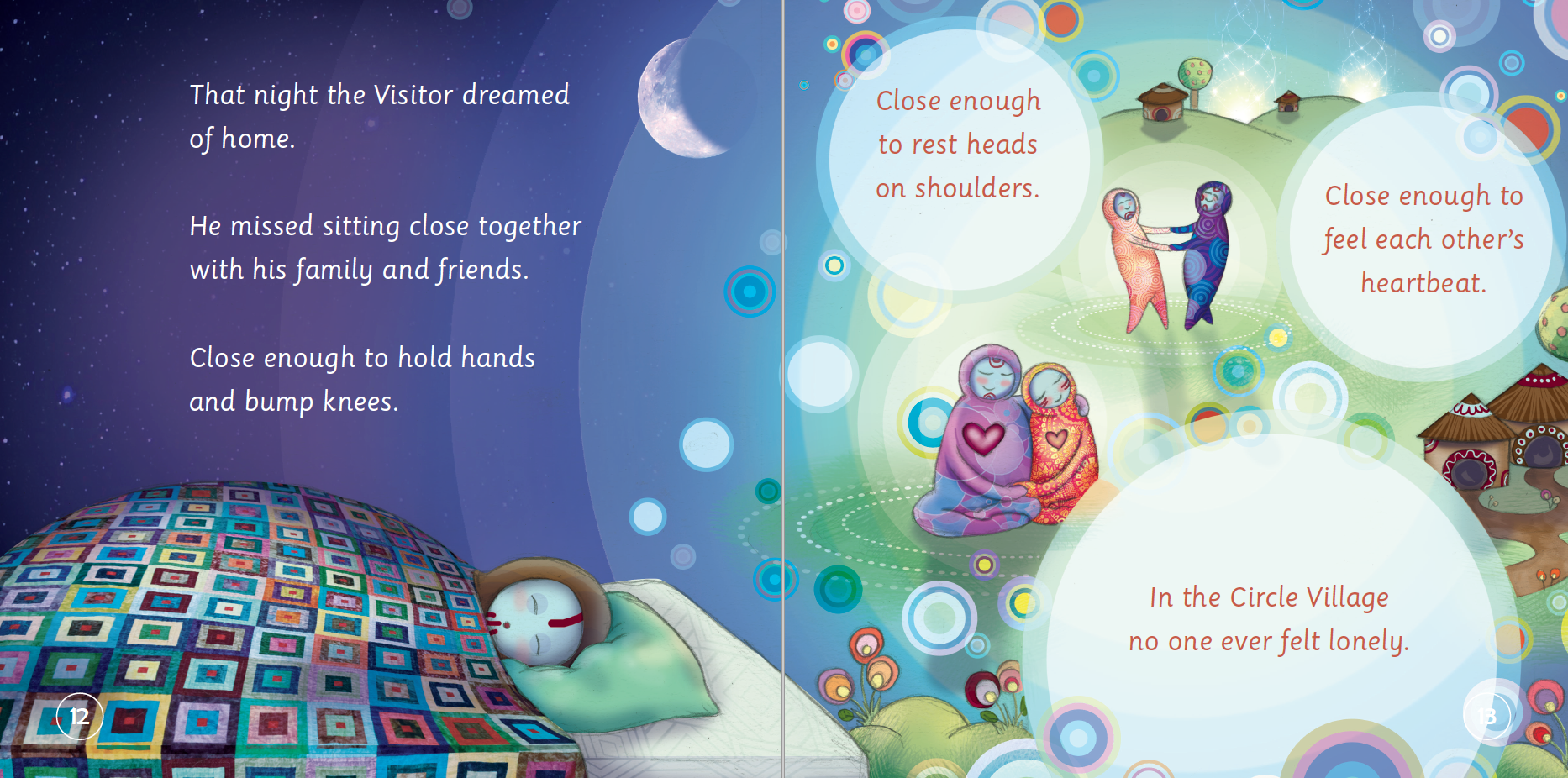 Children's book page with a colorful illustration of children in a circle and text about connection and loneliness.