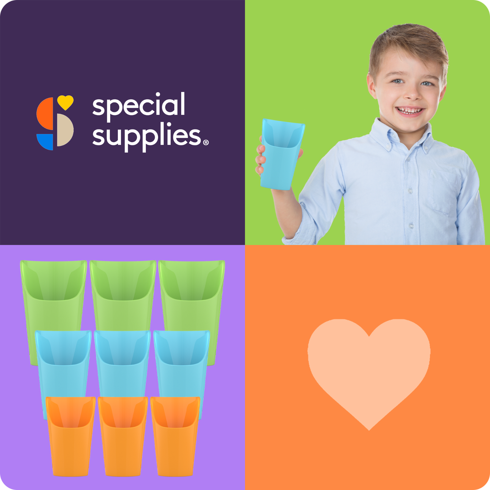 Promotional graphic for Special Supplies with colorful cups and a child holding a cup.