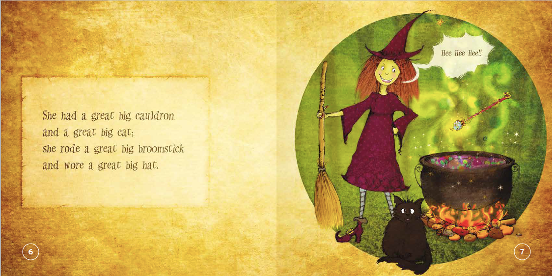 Illustration of a witch with a cauldron and broomstick, surrounded by text on a yellow background.