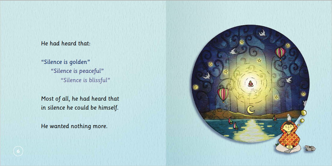 Illustration of a child sitting on a cloud with a starry night sky and text about silence.